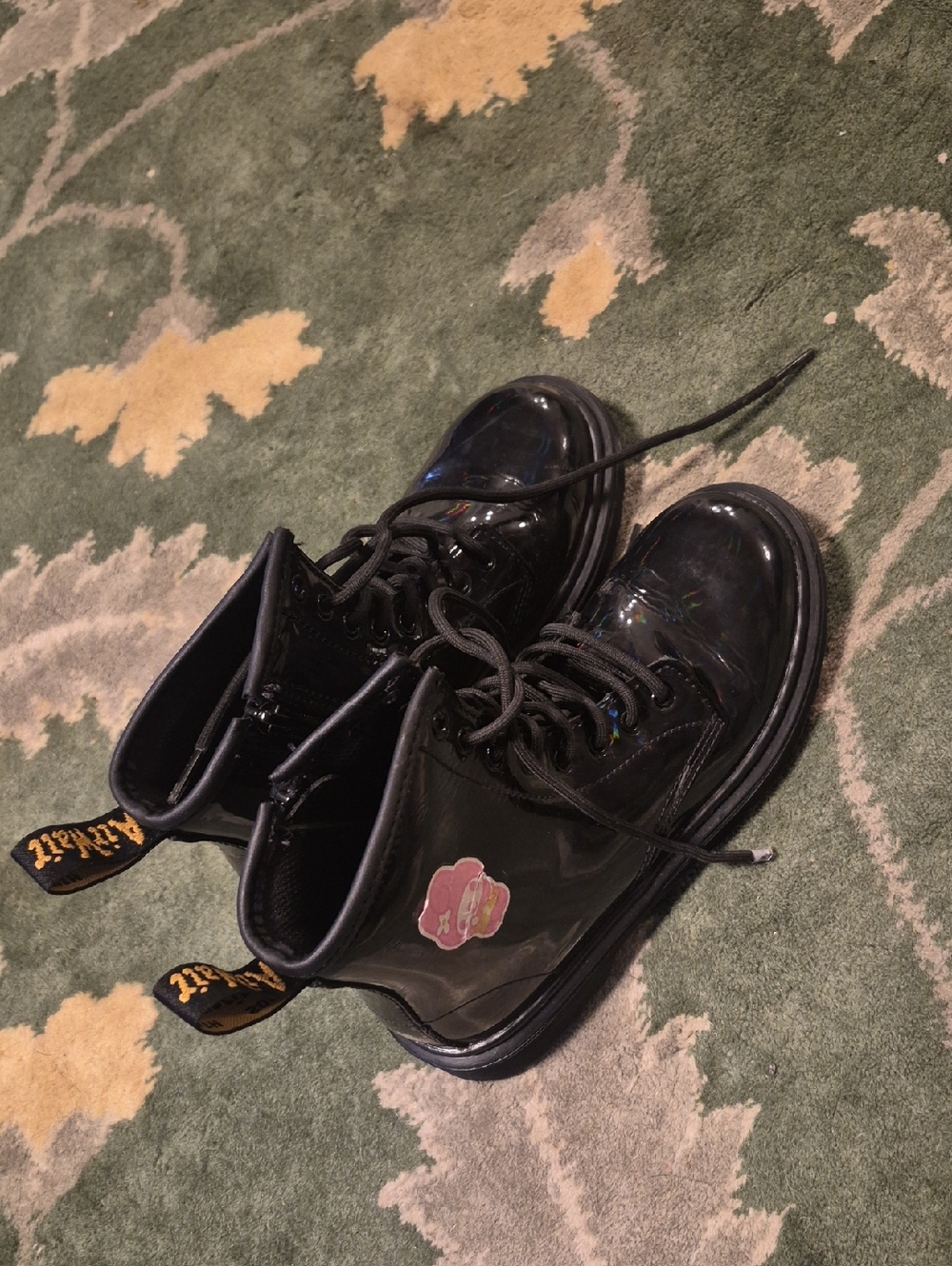 Dr. Martens Kids Black Patent Lace-Up Boots with Pink Flower Patch